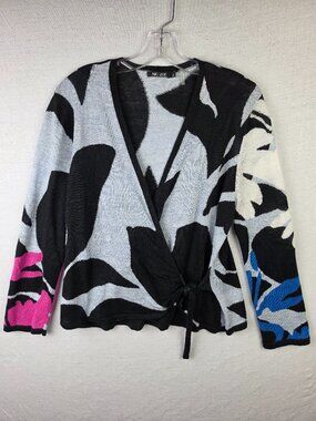 NIC + ZOE Linen Blend Wrap Cardigan Knit Abstract Floral Print V-Neck size LP
